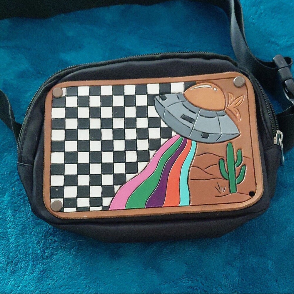 Black Fabric Waist Pack/Crossbody, Zipper, Nylon Strap, UFO Cactus Patch